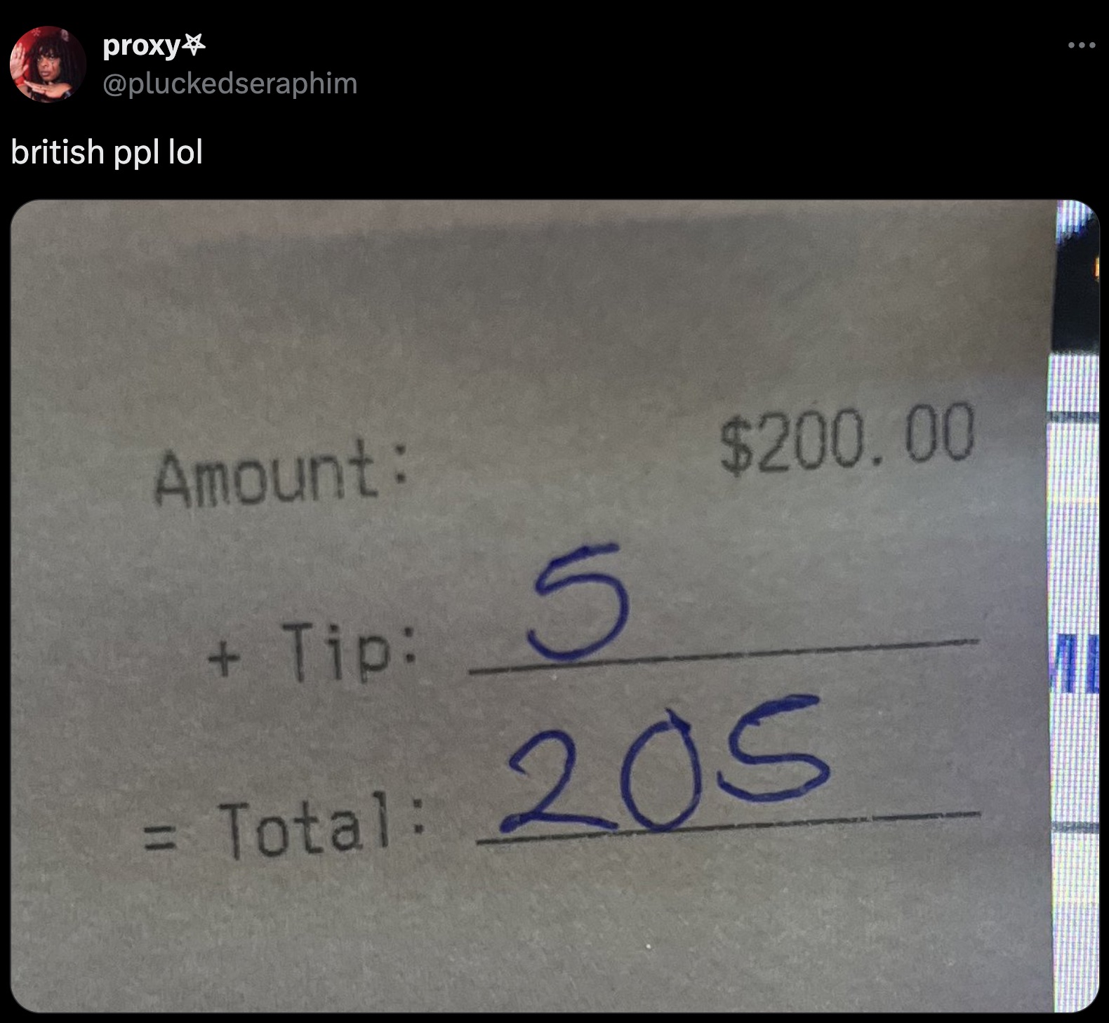 screenshot - proxy british ppl lol Amount Tip Total 5 $200.00 205